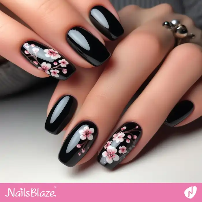 Black Nails for Spring with Cherry Blossoms | Spring Nails - NB3872